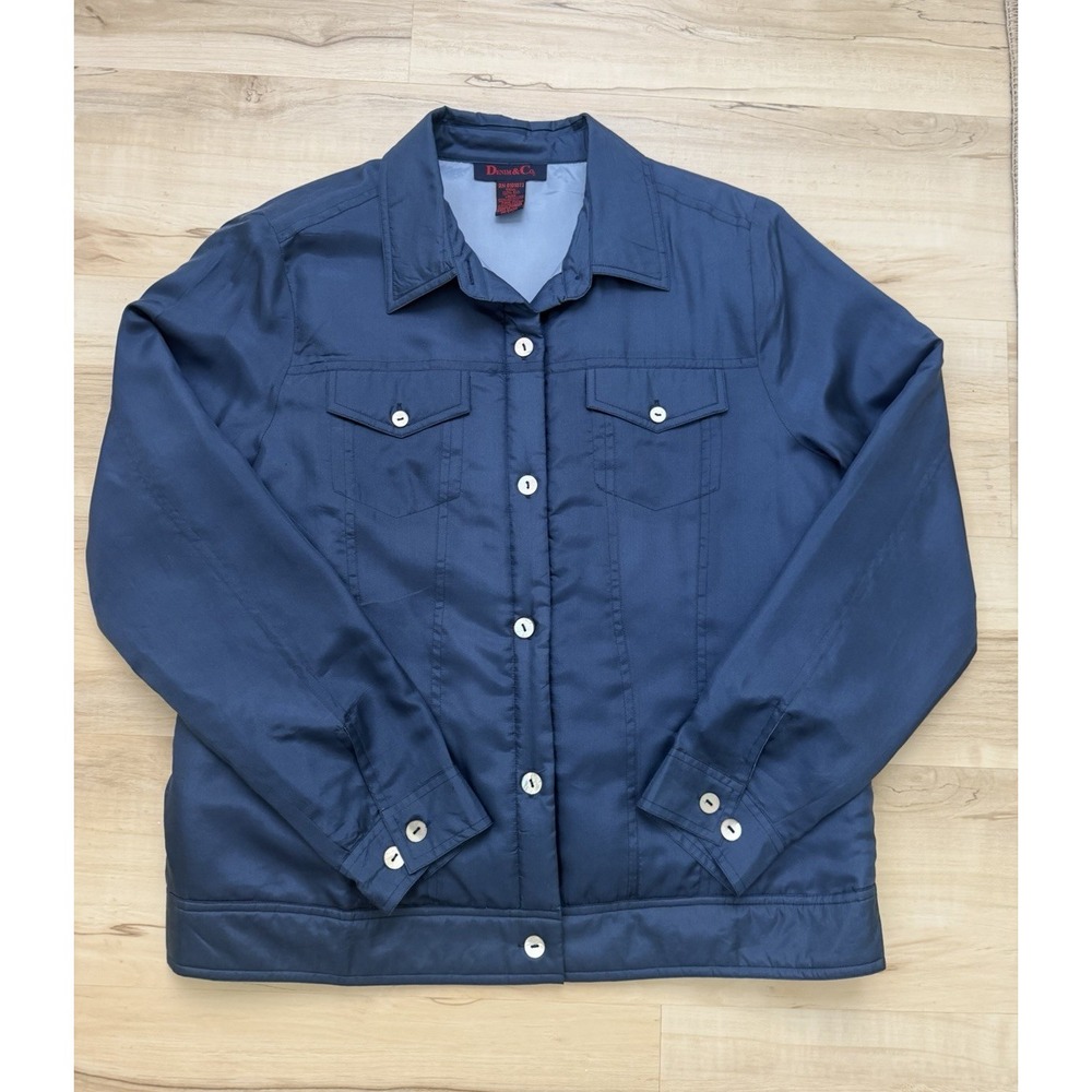 Denim & Co Jacket Blue Silk Classic Button-Front Collared Short Capsule M